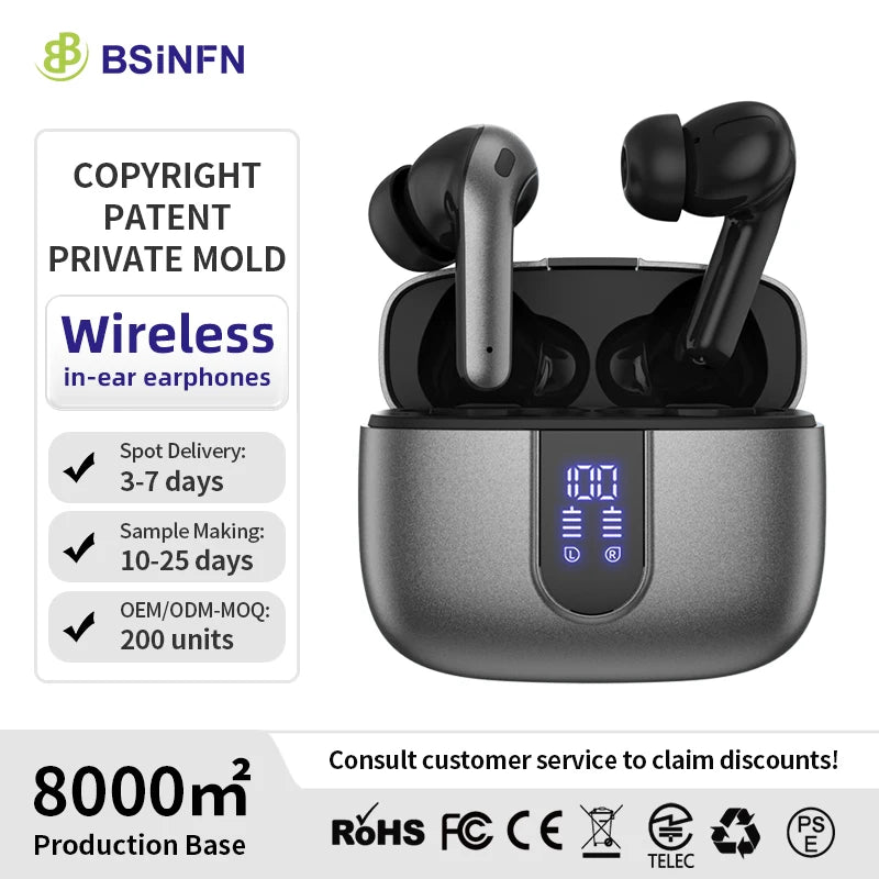 Hot-selling Noise-Canceling Wireless In-Ear Headphones with Digital Display Waterproof Sweatproof Long Battery Life BT Earphones