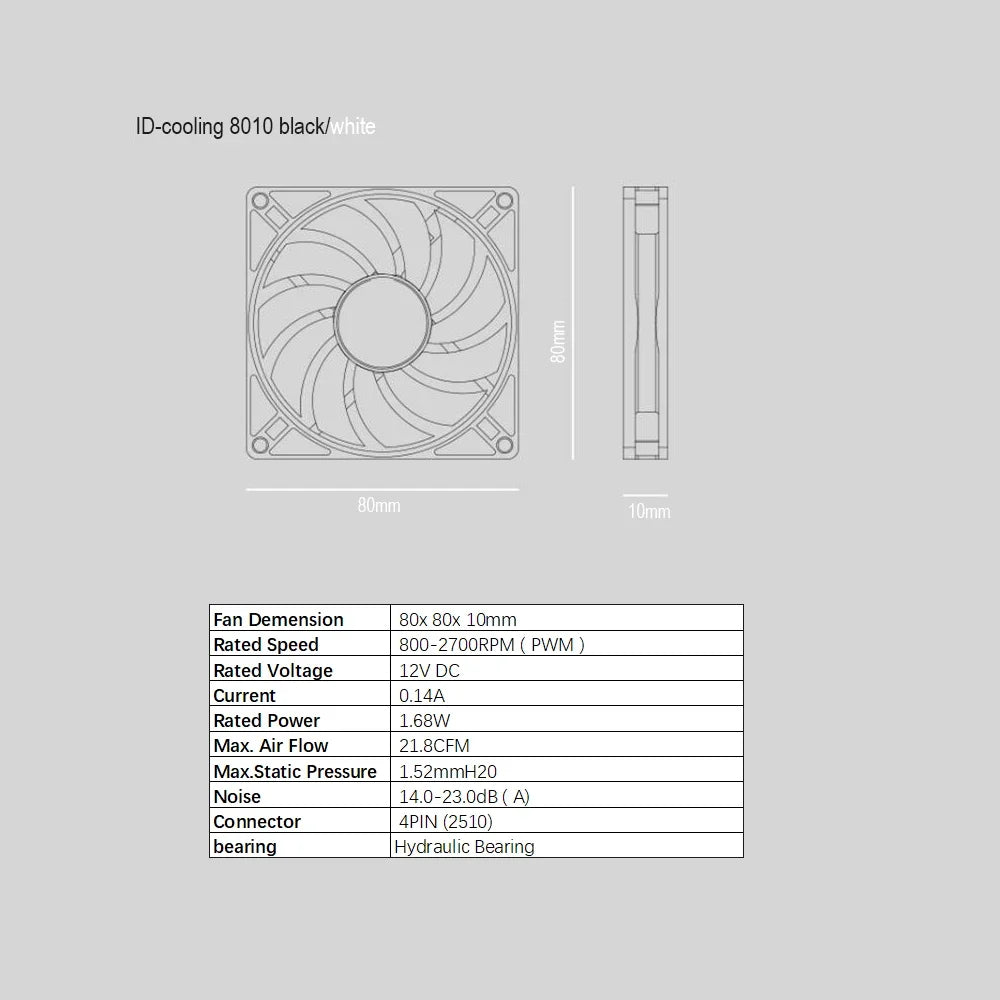 ID-COOLING 8010 80mm Utrl Slim Thinckness 10mm Ultra-Thin PWM Temperature Control 8cm Chassis Cooling Fan