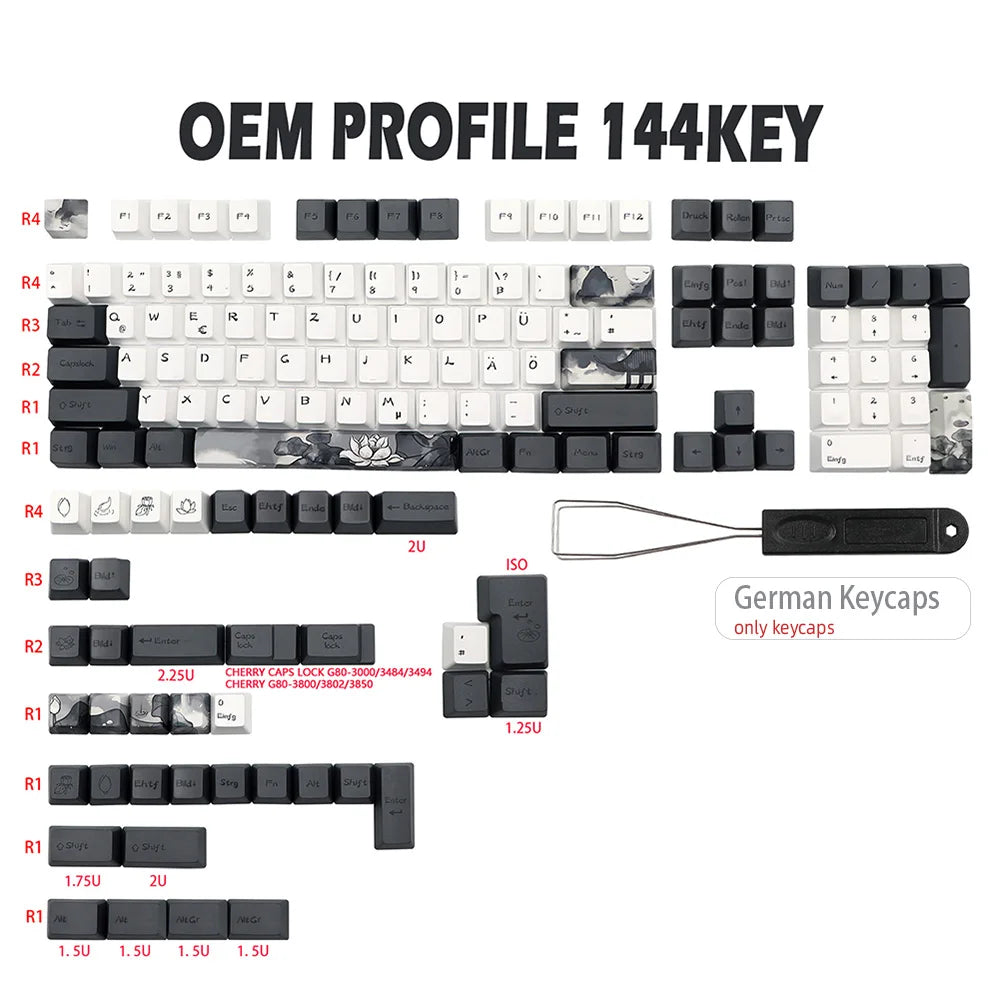 German French Spain Ink Lotus Pbt Keycap OEM Profile Dye Sub Keycaps for Gk61 Rk61 68 980 108 QWERTZ AZERTY MX Keyboard Key Caps