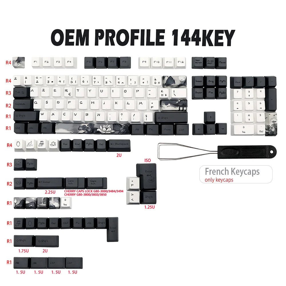 German French Spain Ink Lotus Pbt Keycap OEM Profile Dye Sub Keycaps for Gk61 Rk61 68 980 108 QWERTZ AZERTY MX Keyboard Key Caps