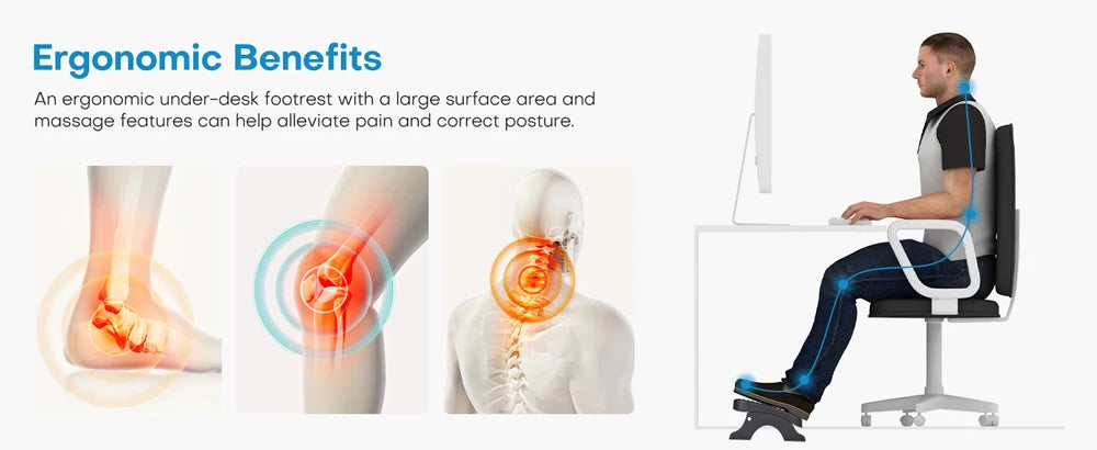 Ergonomic Under Desk Footrest with Massage Rollers120Lbs Capacity, Adjustable Height, Pain Relief for Office & Home