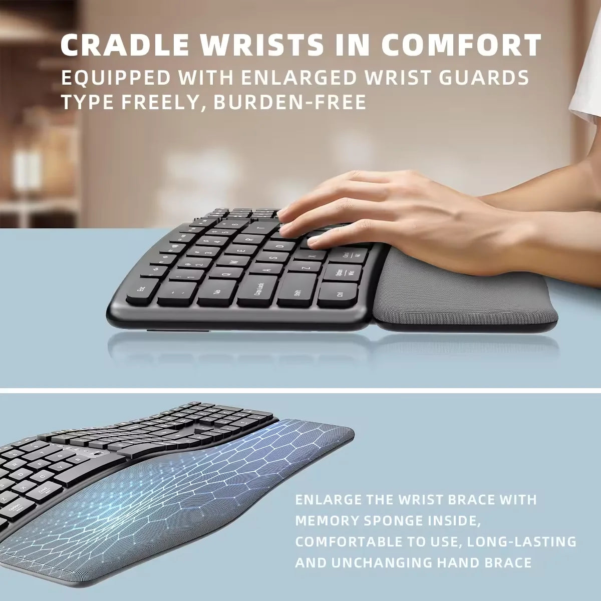 Ergonomic 2.4G Wireless Keyboard Comfortable Natural Typing,Palm Rest,Multi-Device Rechargeable Bluetooth Keyboard for Laptop