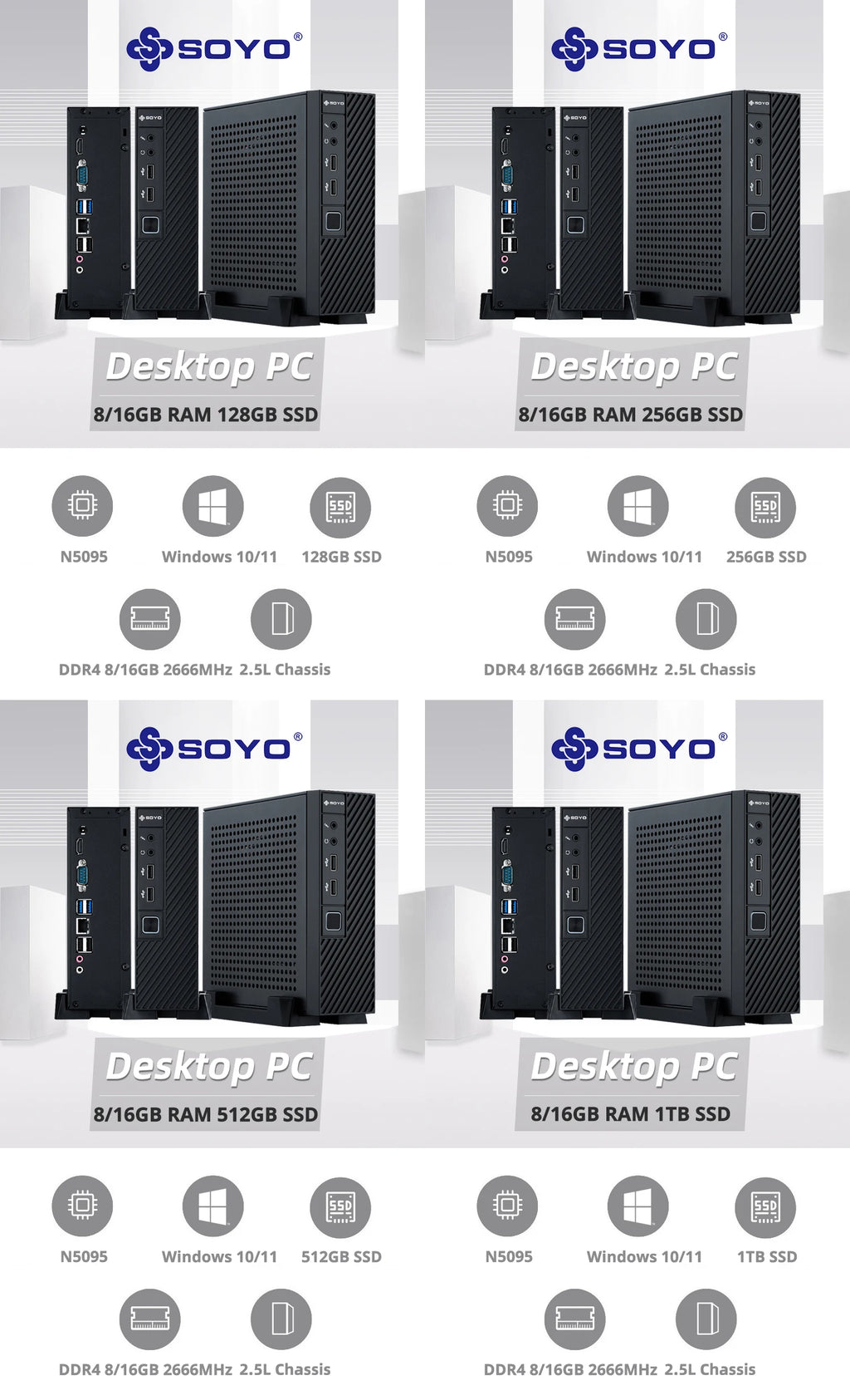 SOYO New Mini PC N5095 Intel 11th 8GB 16GB DDR4 M.2 256GB 512GB 1TB SSD Windows11/10 4K 60Hz HDMI VGA Office Gaming Computer