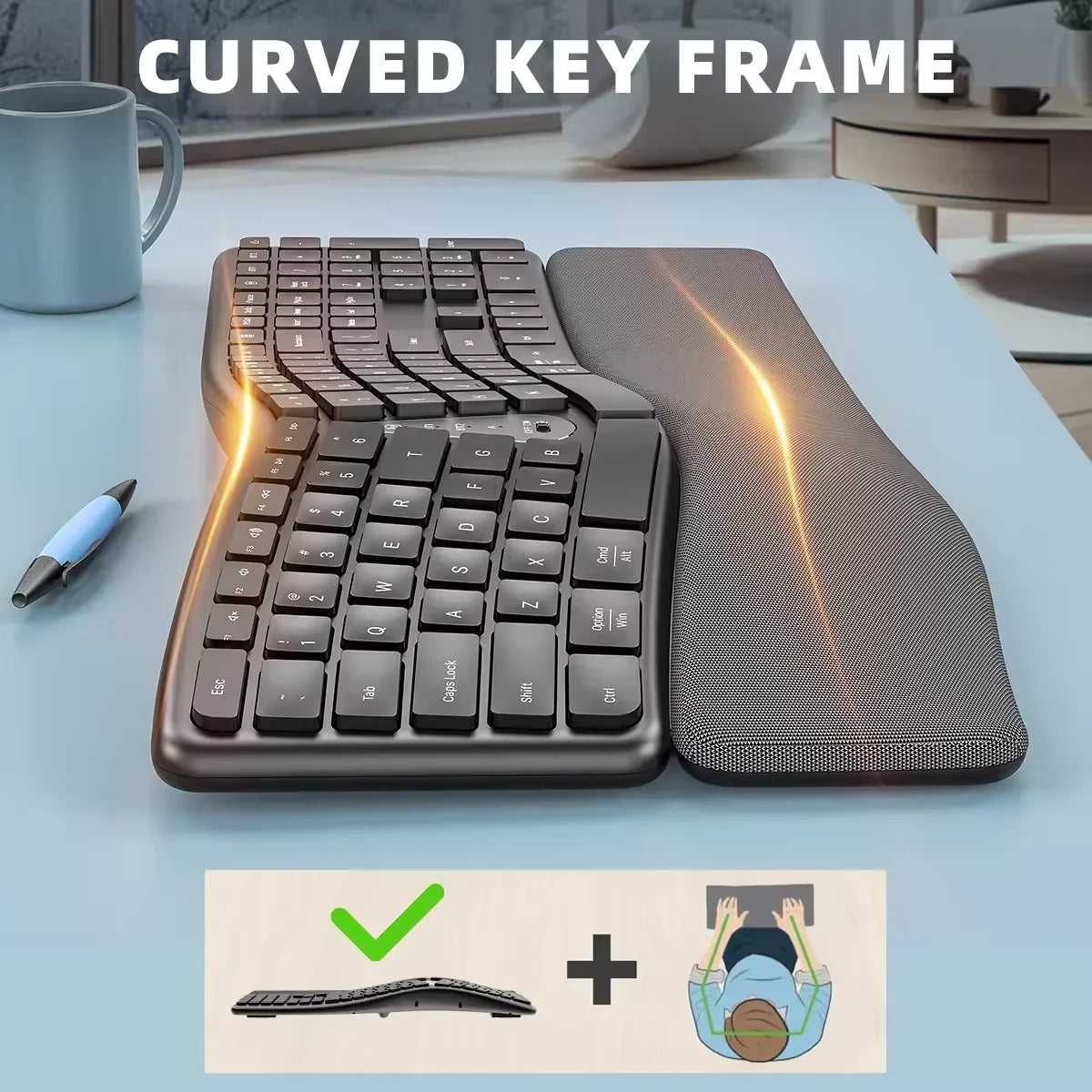 Ergonomic 2.4G Wireless Keyboard Comfortable Natural Typing,Palm Rest,Multi-Device Rechargeable Bluetooth Keyboard for Laptop