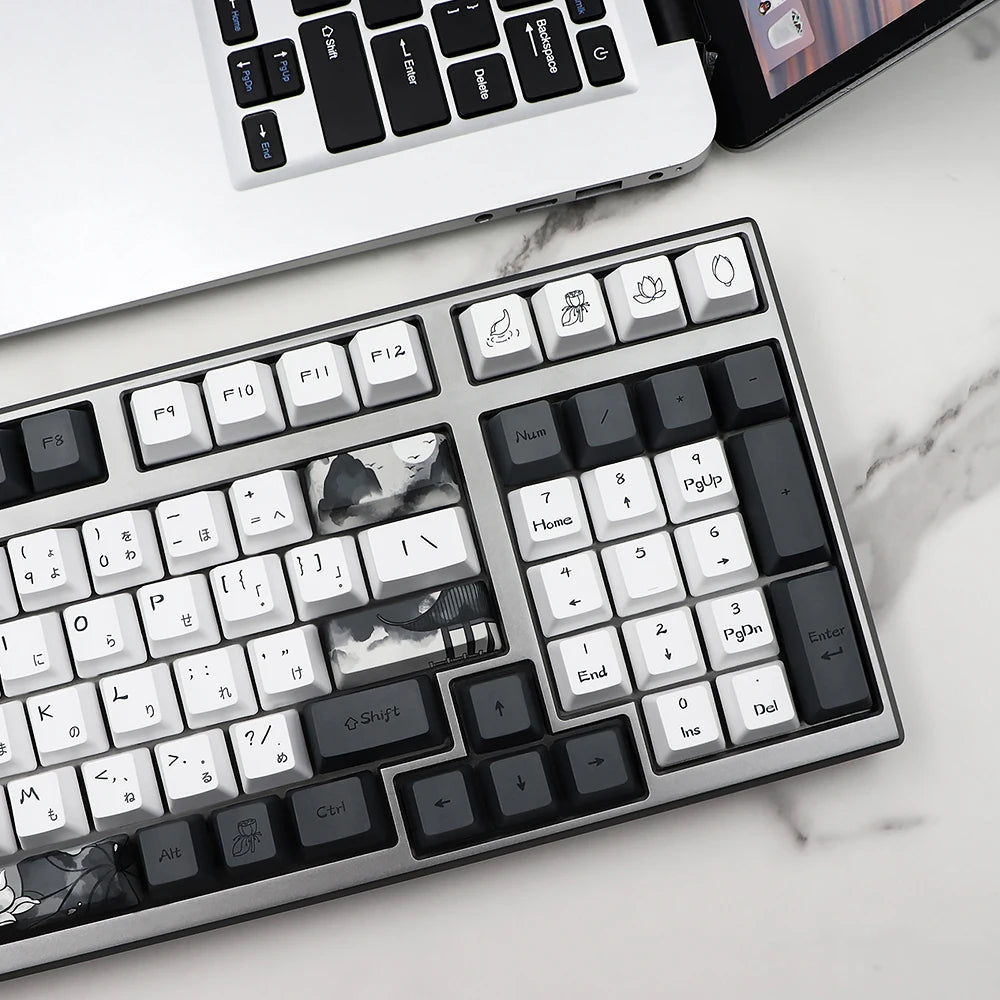 German French Spain Ink Lotus Pbt Keycap OEM Profile Dye Sub Keycaps for Gk61 Rk61 68 980 108 QWERTZ AZERTY MX Keyboard Key Caps