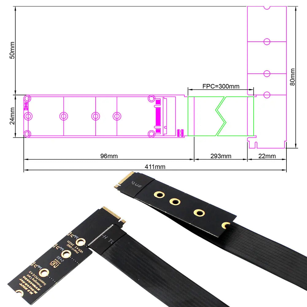 M.2 NVMe SSD Extension Cable Solid Drive Riser Card M.2 SSD PCI-Express 4.0 X4 M Key Extender for M.2 2230 2242 2260 2280 SSD