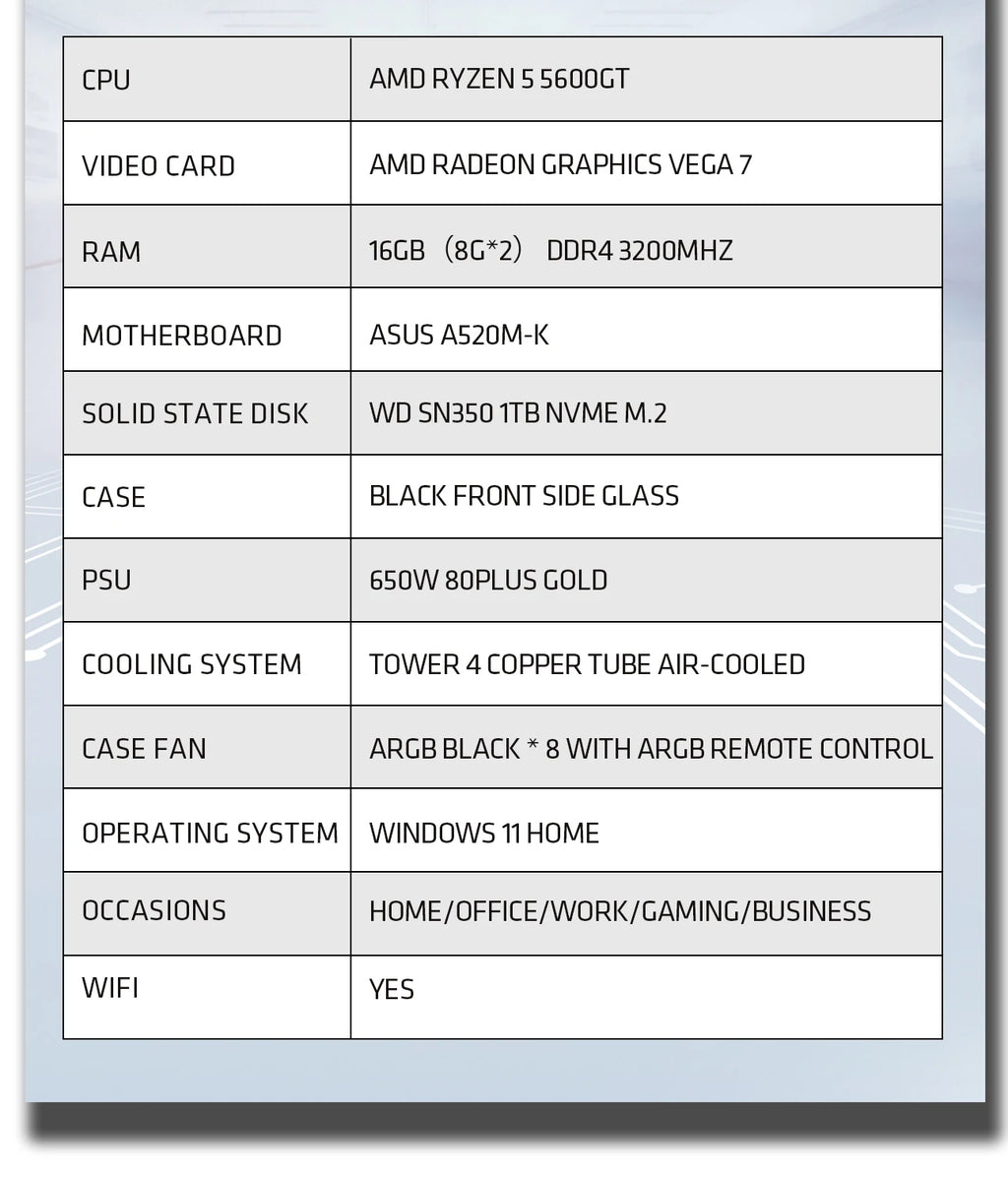 YEAH MAGIC Gaming Desktop AMD Ryzen 5 5600GT 3.9GHz 16GB(8G*2) DDR4 3200 1T NVME SSD ARGB 7 Fans Win 11 Home Gamer Desktop PC