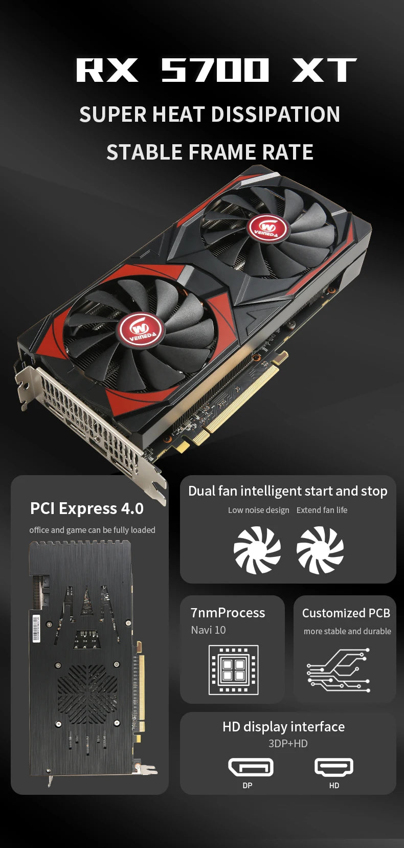 Veineda Graphics Card RX 5700XT 8GB  GPU GDDR6 256Bit 8pin+6pin 7nm DP*3 HDMI*1  Video Card Support Desktop CPU placa de video