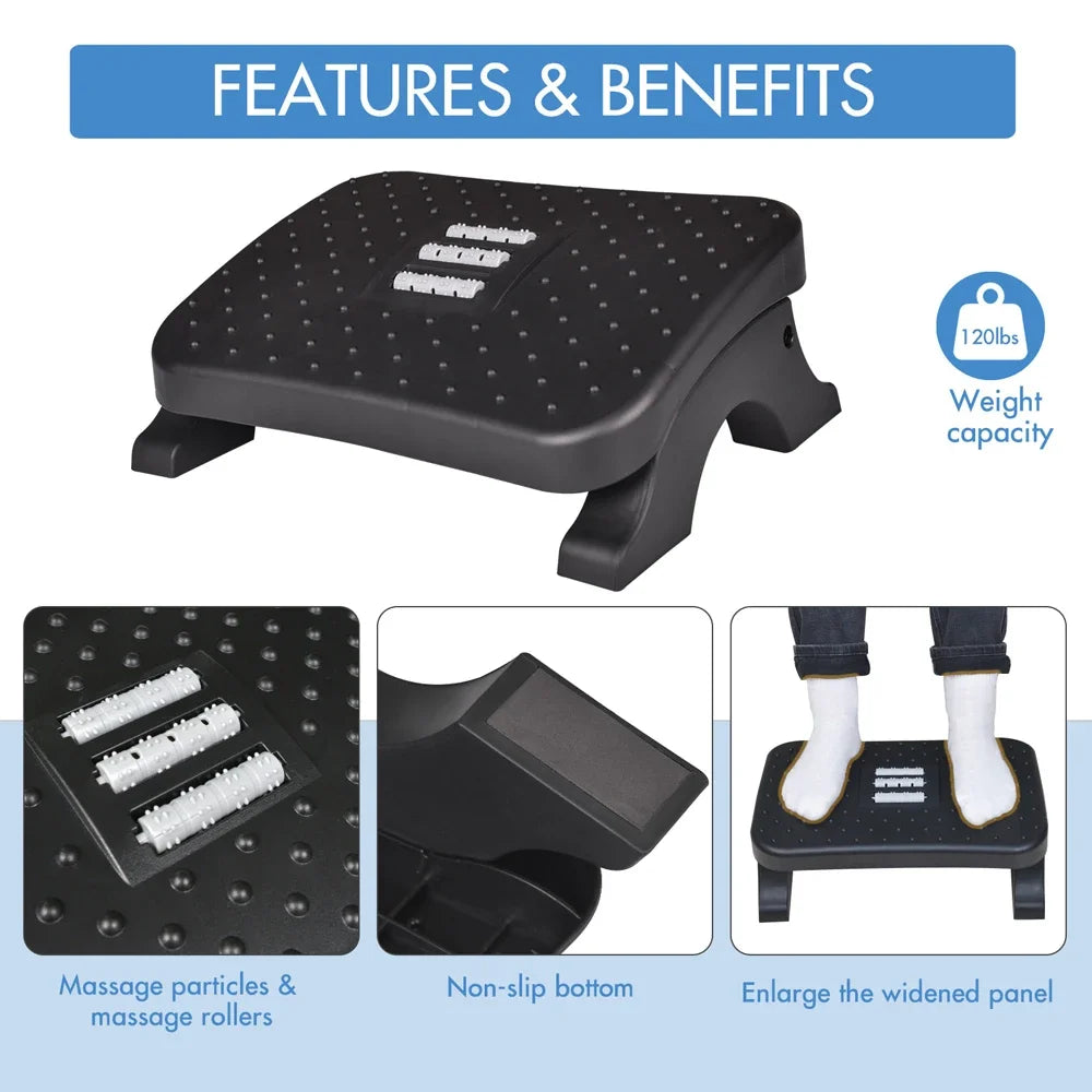 Ergonomic Under Desk Footrest with Massage Rollers120Lbs Capacity, Adjustable Height, Pain Relief for Office & Home